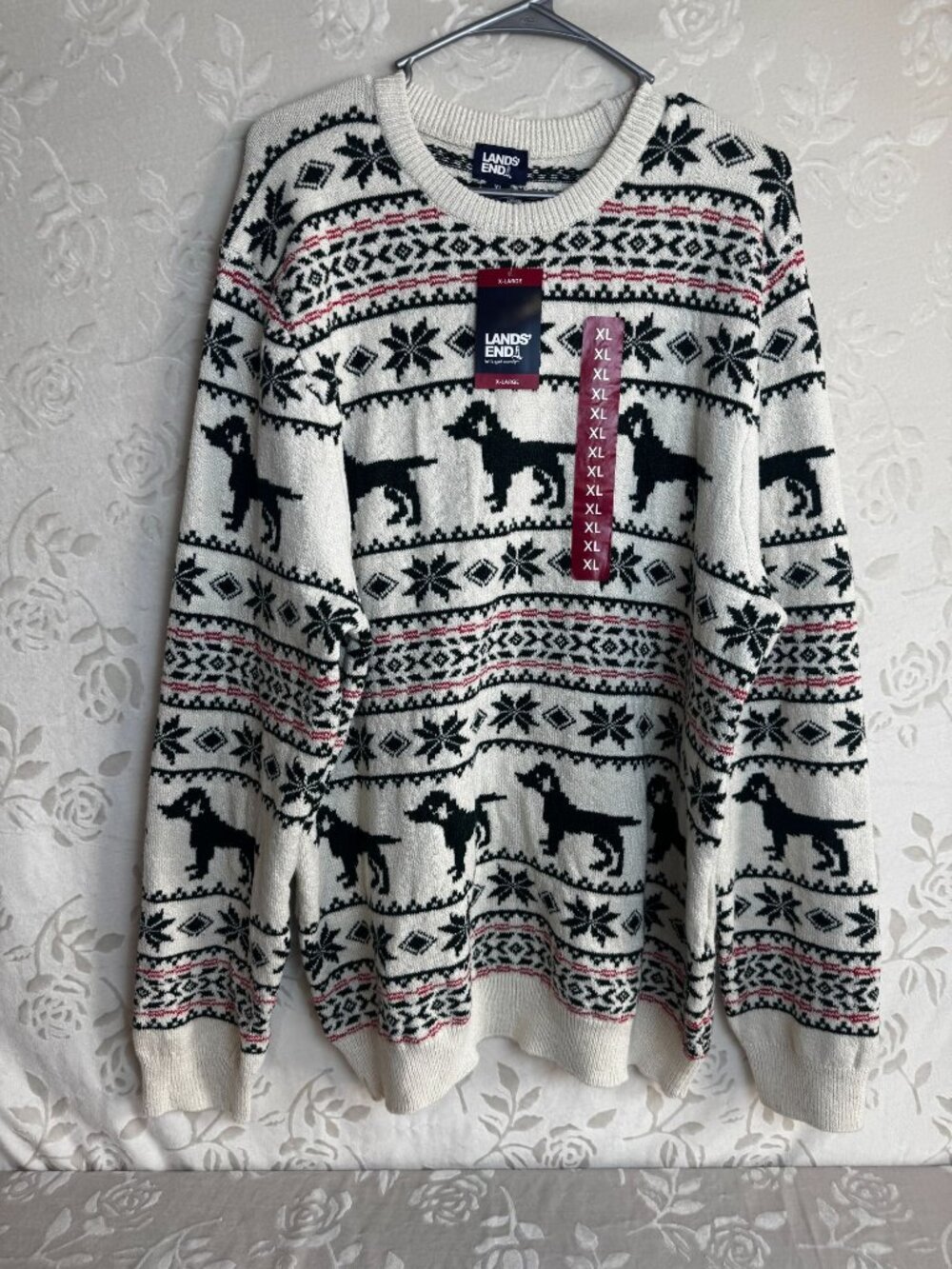 Lands End Sweater Adult XL Multicolor Fair Isle Knit Crewneck Geometric Dog NEW